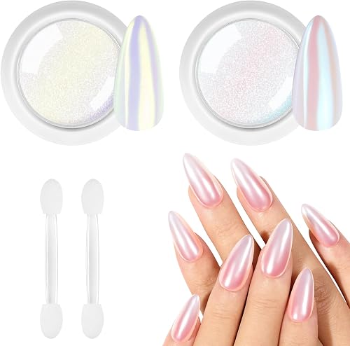 BUTBU 2 Cajas Efecto Espejo Uñas Polvo, Polvo de Uñas de Cromo, 2 Colores-A | con Palos de Sombra de Ojos, Efecto Espejo Uñas
