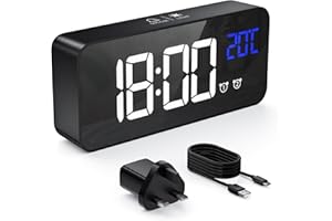 HERMIC Alarm Clock, Digital Clock USB Rechargeable with Temperature Display, Snooze, Dual Alarms for Bedroom, Bedside, Office& Travel(Adapter Included) (Black)