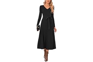Arach&Cloz Strickkleid Damen Herbst Winterkleid Lang Plissee V-Ausschnitt Langarm Pulloverkleid Elegant Midi Kleider Winter