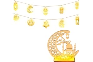 Wonlonda Ramadan Decorations Light 2 Set 5.4 Feet 10 LED Ramadan Light Lantern Eid Mubarak String Lights Battery Operated and Wooden Ornament Decoration for Islamic Muslim Home Gifts