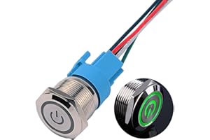 JIQI 22mm Momentan Metall Druckschalter 12V bis 24V 5A Momentary LED Tastenschalter IP66 1NO1NC wasserdicht vorverdraht EIN/AUS Taste Schalter für Fahrzeugmodifikation Wohnmobil DIY(Grün Power Symbol)