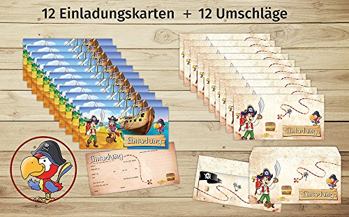 Piraten Einladungskarten mit Umschlägen (12er Set) zum Kindergeburtstag von BeriluDesign | Schatz-Karte Schatzsuche Kinder Geburtstag-Einladungen Karten Feier Party Jungen - 3