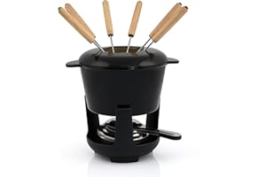 BBQ-Toro Gusseisen Fondue Set für 6 Personen | 1 Liter | Fondueset 13 teilig mit Brenner und Gabeln | Fondue-Set, Käsefondue Set, Fleischfondue Set, Schokofondue Set (schwarz/Creme emailliert)