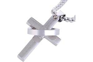 DonDon Collana da uomo in acciaio inox o in pelle, con ciondolo a forma di croce, in sacchetto di velluto