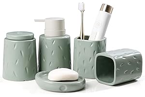 Umlaca Bathroom Accessories Set 5PCS, Ceramic Bathroom Accessory Set, Unique Design Green Bathroom Accessories Sets Complete, Liquid Hand Soap Dispenser Toothbrush Holder Set(Green Set)