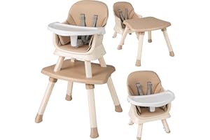 COSTWAY High Chairs for Babies and Toddlers, 6 in 1 Convertible Highchair/Table Chair Set/Building Block Table/Booster Seat/Toddler Chair with Safety Harness, Removable Tray (Khaki, 58x58x98cm)