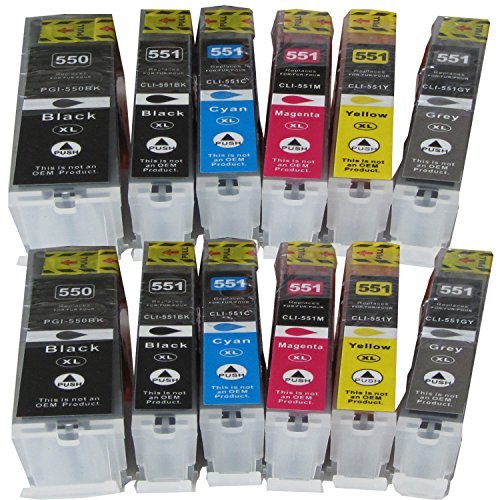 12 komp. Druckerpatronen XL mit Chip für Canon Pixma IP8750 MG6350 MG7150 MG7550 MG7550 2 x schwarz 2 x photoschwarz 2 x blau 2 x rot 2 x gelb 2 x grau