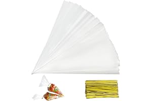 Firschoie 150 PCS Sachets Transparents Bonbons, Sacs à Cône Transparent, Sac de Bonbons en Plastique Biscuit Cadeau Mariage, pour emballer des biscuits gâteau au chocolat confiserie (13 x 25 cm)