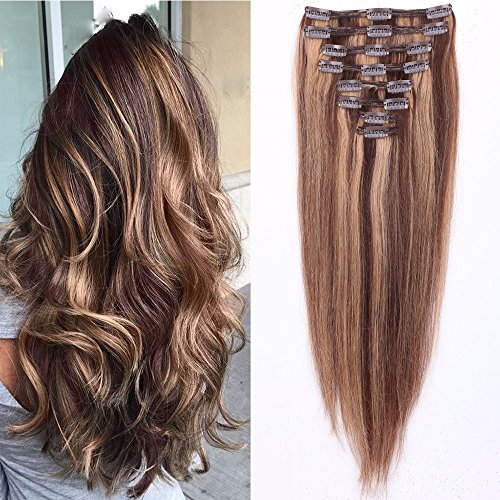 S-noilite® Extensiones de clip de pelo natural cabello humano #4/27 Medio marrón / Rubio oscuro - DOUBLE WEFT muy grueso - 100% Remy hair - 8 piezas 18 clips (35cm-120g)