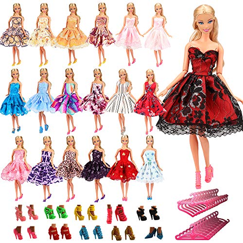 Miunana 15 Artículos = 5X Vestidos de Corto + 5 Pares Zapatos y 5 Perchas Vestir Ropa Casual Accesorios como Regalo para Barbie Muñeca Doll