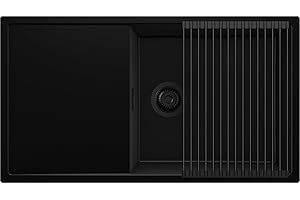 PRIMAGRAN Evier Cuisine en Granit Tout Noir 90x50cm, Lavabo 1 bac + Kit de Vidage + Égouttoir Enroulable, Évier à Encastrer al mueble 60cm - Ibiza S063