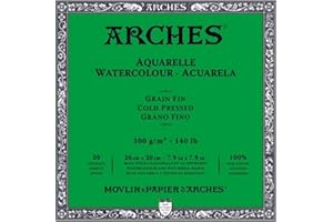 ARCHES Aquarelle - Bloc 20 feuilles 20x20 collé 4 côtés - 300g/m² - grain fin, blanc naturel, 4 bords francs