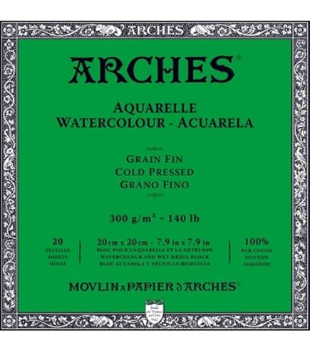Bloc Papier Aquarelle Arches 15 Feuilles - Grain Torchon, 185 G/m², Format A4 - 100% Coton, Collé 1 Côté