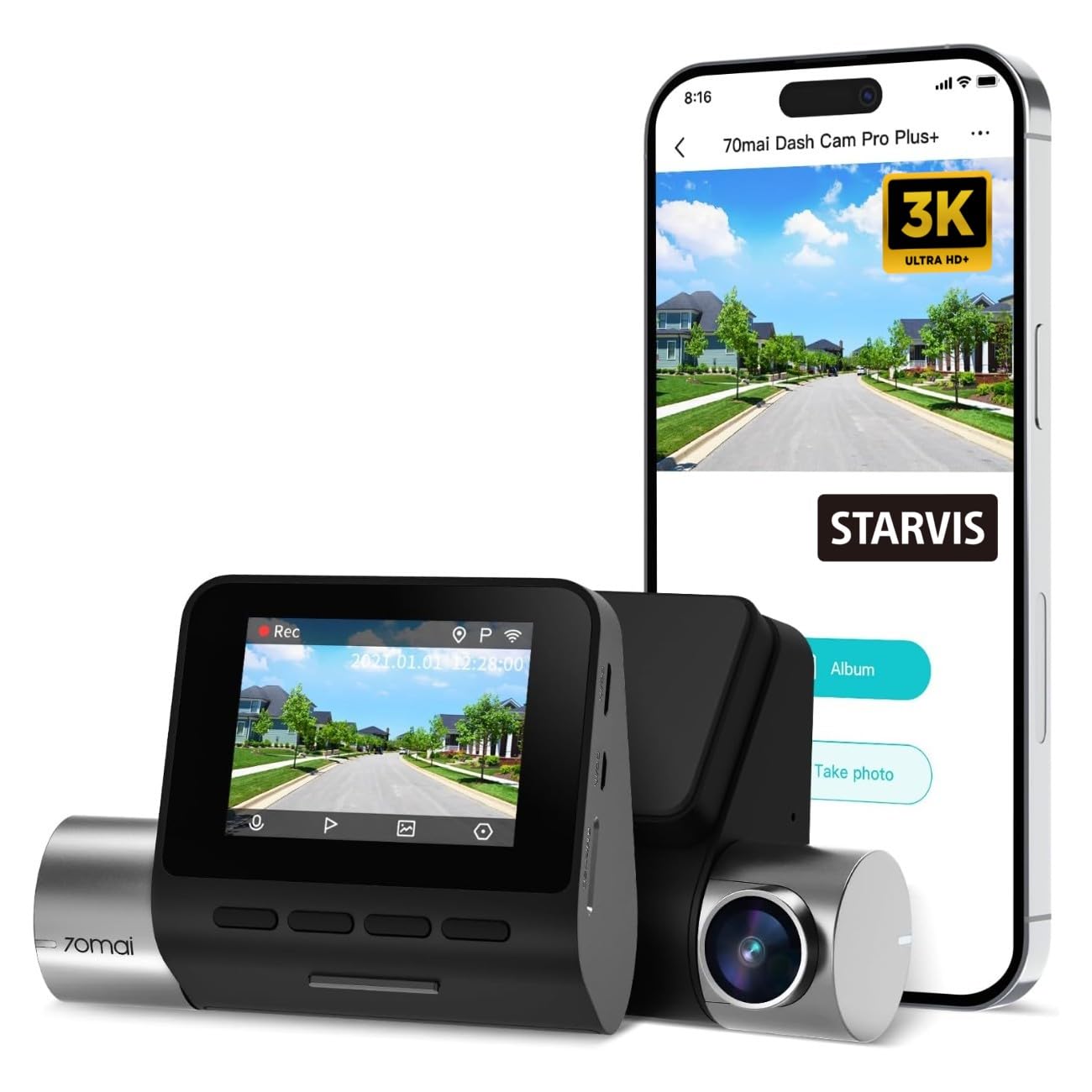 70mai Pro Plus+ A500S Car DashCam, 3K 1944P, 5MP IMX335 Sensor, ADAS, Built-in GPS Logger, Route Recorder, App Playback & Share, Optional Parking Monitoring