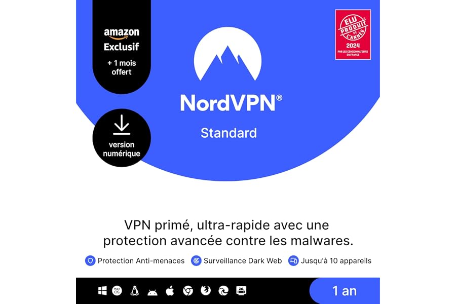 NordVPN Essentiel, Exclusivité Amazon, 10 Appareils, 1 An + 1 Mois Extra, Code Numérique