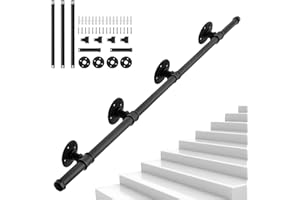 OUUTMEE 2.45M Main Courante pour Escalier, Rampe d'Escalier Murale en Tube Industriel, Main Courante en Fer pour Escaliers Intérieurs et Extérieurs Loft Porche, Capacité de Charge 150KG (Noir)