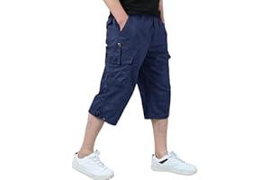 KEFITEVD Men's Casual Twill Elastic 3/4 Cargo Shorts Loose Fit Multi-Pocket Capri Long Short Pants
