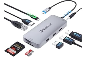 Moman Stacja dokująca, koncentrator USB C 9 w 1 z 100 W PD, 4K 30 Hz HDMI, 3 x USB 3.0 5 Gb/s, złącze audio 3,5 mm, Ethernet RJ45, czytnik kart SD/TF do myszy, klawiatury, dysków U, pamięci flash,