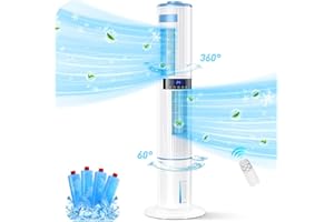 BIDIOWE Mobile Air Conditioners, 43.3'' Tower Fan 65W Evaporative Air Cooler 60°/360° Automatic Oscillation, 10m/s Wind Speed 3 Mode 24H Timer Low Noise Remote Control w 4 Ice Box for Home/Bedroom/Office