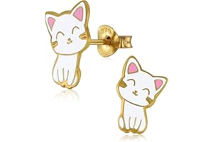Laimons Pendientes infantiles para niña, joyas para niños, diseño de gato, chapado en oro blanco, plata de ley 925 rosa, Plata de ley