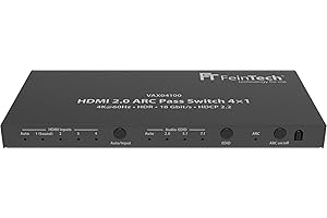 FeinTech Commutateur HDMI 2.0 ARC VAX04100 4x1, pour 3 sources HDMI, barre de son et projecteur TV 4K @60Hz | HDR | 18 Gbit/s | HDCP 2.2 Dolby Atmos