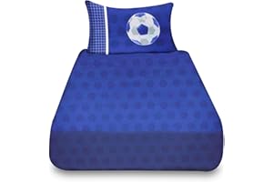 VELVETIO Football Fitted Sheet Single with Matching Pillowcase, Soft Breathable Polycotton Kids Bedsheet, Boys & Girls Soccer Printed Bedding Bedset, Blue