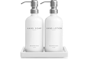 White Glass Soap and Lotion Dispenser Set by Brighter Barns - Bathroom Soap Dispenser Set Tray - Modern Bathroom Accessories for Guest, Hotel, Spa, Restaurant