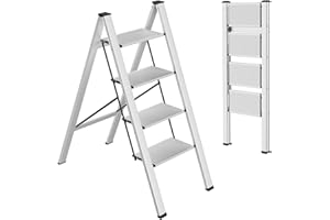 TLGREEN Échelle Pliante en Aluminium à 4 étapes - Pédale antidérapante - Charge maximale : 150 kg - pour la Cuisine, la Maison, Le Bureau, la Peinture DIY (Argent)