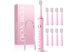 JTF Spazzolino Elettrico Sonico con 8 Testine & Raschietto Lingua, 5 Modalità e Smart Memory, Timer 2 Minuti, Impermeabile IPX7, Rechargeabilité Ricarica Rapida 3H, Adulto (Rosa)