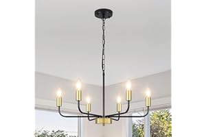 ASHUAQI Chandeliers Ceiling Light, 6 Lights Black and Gold Ceiling Light, E14 Classic Candle Pendant Light Height Adjustable, Gold Chandelier Ceiling Lights for Living Room Dining Room Bedroom