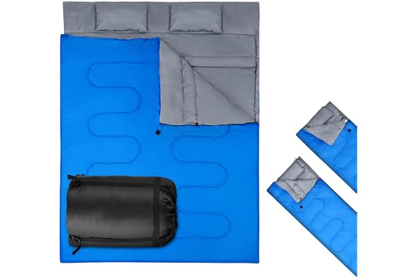 RELAX4LIFE Double Sac de Couchage avec 2 Oreillers et Sac de Transport, Détachable avec Fermetures Éclairspour 2 Personnes, Tapis de Sol Imperméable Convient pour Camping, Randonnée, Voyage