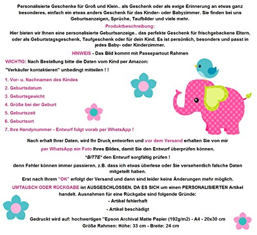 Namensbild – Baby – Kind – Personalisiert – Geburtsgeschenk – Türschild – inkl. Rahmen – Mädchen u. Junge, Taufe, Geschenk - 2