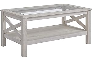 HOMCOM Mesa de Centro Mesa Auxiliar con Estante y Encimera de Vidrio Templado para Sala de Estar Dormitorio 100x55x45 cm Roble Blanqueado