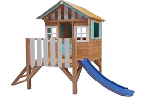 MASGAMES Poussette en bois pour enfant avec toboggan, hauteur de la plateforme 59,5 cm, bois traité (bleu).