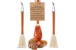 TOPULORS 12" BBQ Sauce Basting Mops & Brushes for Roasting or Grilling, Apply Barbeque, Marinade or Glazing, Cotton Fiber Head and Hardwood Handle, Dish Mop Style, Perfect for Cooking or Cleaning - Pack of 3