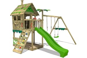 FATMOOSE Parque Infantil JungleJumbo Joy con Columpio y Tobogán Verde Manzana, Torre de Escalada para Niños al Aire Libre con Escalera de Arena y Accesorios de Juego para el Jardín