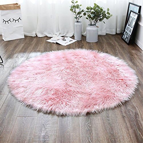 linyingdian Plush Sheepskin Throw Rug Faux Fur Elegant Chic Style Cozy Shaggy Floor Mat Area Rugs Home Decorator Super soft Carpets Kids Play Rug, Round Area Shag Rug 3 ft Diameter (90cm Diameter) (Pink)