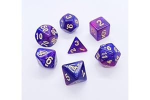 KT TECH Kittro 7 Sided Polyhedral Dice, 7 Pieces Table Games Dice for Dragons and Dungeons MTG RPG DND D4 D6 D8 2*D10 D12 D20, free Dice pouch (Starry blue mixed purple))