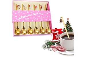 QUOHE Cucchiaini da Caffè di Natale, 6 Pcs Lunghi Cucchiai in Acciaio Inox con Pendenti Natalizi Posate Decorazione da Tavola, Piccoli Cucchiaio Natalizio da Zucchero Tè Torta, con Confezione Regalo (Oro)