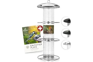 wildtier liebe Vogelfuttersäule Edelstahl 35cm, Silber - Erdnussfutterspender aus rostfreiem Edelstahl, Vogel Futterstation, Futtersäule, Nüsse Erdnüsse, Wildvögel Futtersilo