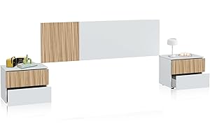 duehome | Pack Cabecero y 2 Mesitas de Noche, Dormitorio Doble, Dormitorio Completo, Modelo Nitza, Acabado en Blanco Artik y Natur