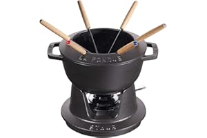 STAUB Set Fonduta con 6 Forchette, Adatto per Fonduta di Formaggio, Cioccolato e Carne, Nero, 18 cm