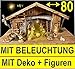 Produktbild 80 cm XXL Große Weihnachtskrippe mit Zubehör, BTV Ausführung: massiv aus Holz Vollholz Massivholz KOMLETT mit Figuren Krippenzubehör Krippenfiguren HANDBEMALT UND GEBEIZT und Beleuchtung + Trafo + Zubehör für Weihnachten K80MFHOTL