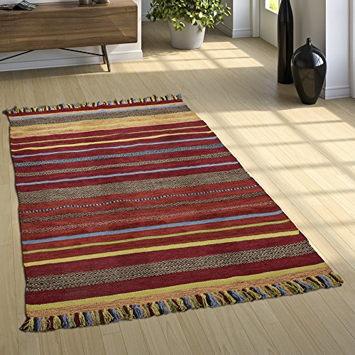 Designer Teppich Webteppich Kelim Handgewebt 100% Baumwolle Modern Gestreift Bunt, Grösse:80x150 cm