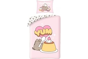 Halantex Dwustronny zestaw pościeli dla kota Pusheen Yum Pudding Sweet Shop – pojedyncze łóżko, poszewka na kołdrę 140 x 200 cm i poszewka na poduszkę 70 x 90 cm, 100% bawełna, Ökö-Tex Standard 100