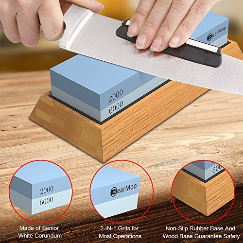 Schleifstein Set , BearMoo Wetzstein mit 2000/6000 Körnung, inkl. Anleitung zum Messer schärfen und Gummi-Steinhalter sowie Bambus Basis und Messer-Halter! - 3