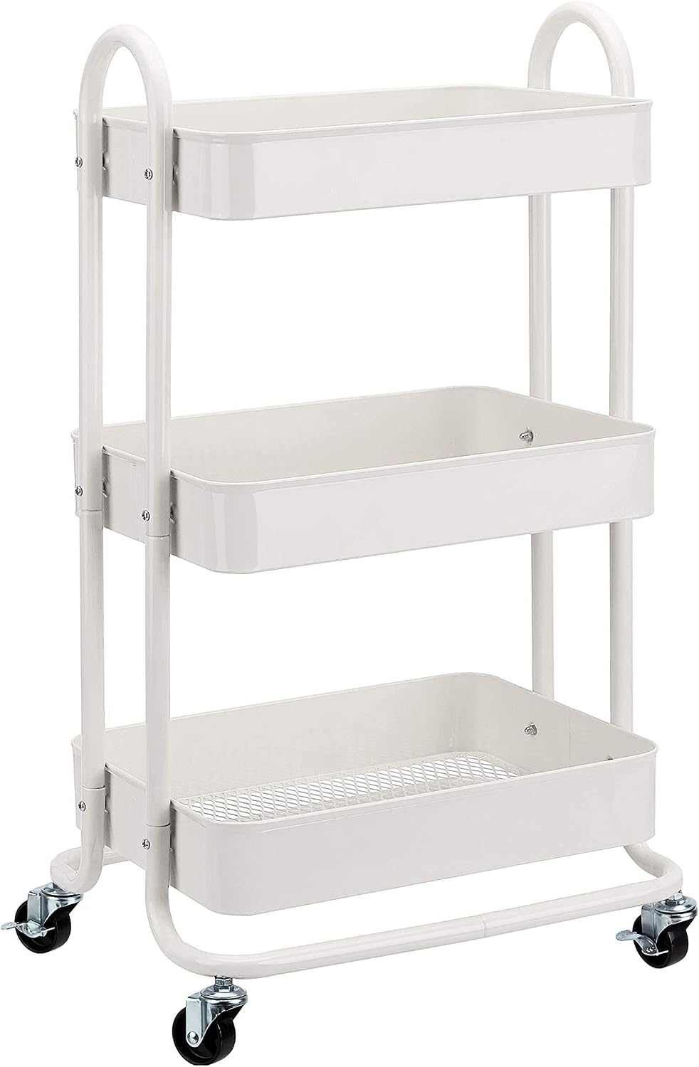 Amazon Basics Carrito de cocina o multiuso de tres niveles con ruedas en blanco