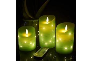 DANIP Grasgrüne LED-Kerze, eingebaute Sternenkette, 3 Kerzen, mit 11-Tasten-Fernbedienung, 24-Stunden-Timer, tanzende Flamme, Echtwachs, batteriebetrieben.