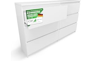 ‎CDF CDF Kommode Weiß mit 6 Schubladen 30 cm Tief Komodenschrank Komode für Wohnzimmer Schlafzimmer Schubladenschrank Malm Kommode viel Stauraum Geeignet Organizer Kleidung 120 cm Breite Modern Look