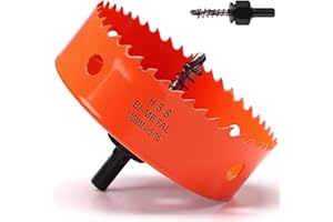 FASTDEPLE Scie cloche 110mm Orange, Acier rapide HSS M42 bi-métal Scie cloche bois, Fraise à trous avec tige hexagonale et foret avec profondeur de coupe de 35mm pour bois, cloison sèche et tôle métallique